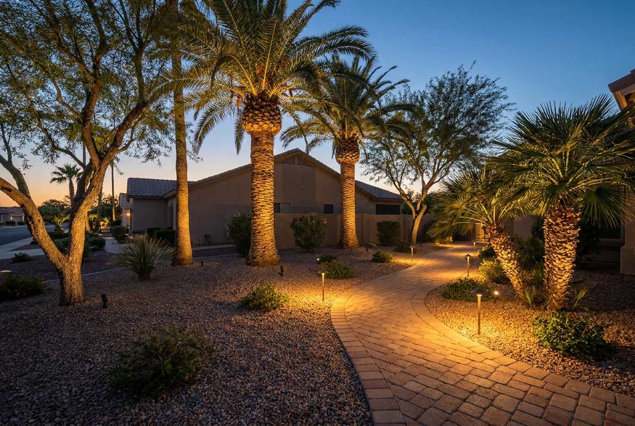 Landscape lighting at dusk in Sun City West, AZ